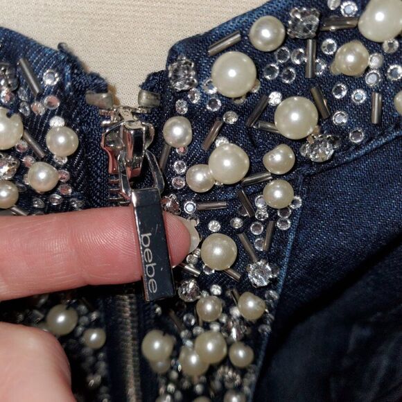 Bebe Embellished Cropped Denim Jacket | Pearl & Jewel Details | Fitted | M - Picture 7 of 10